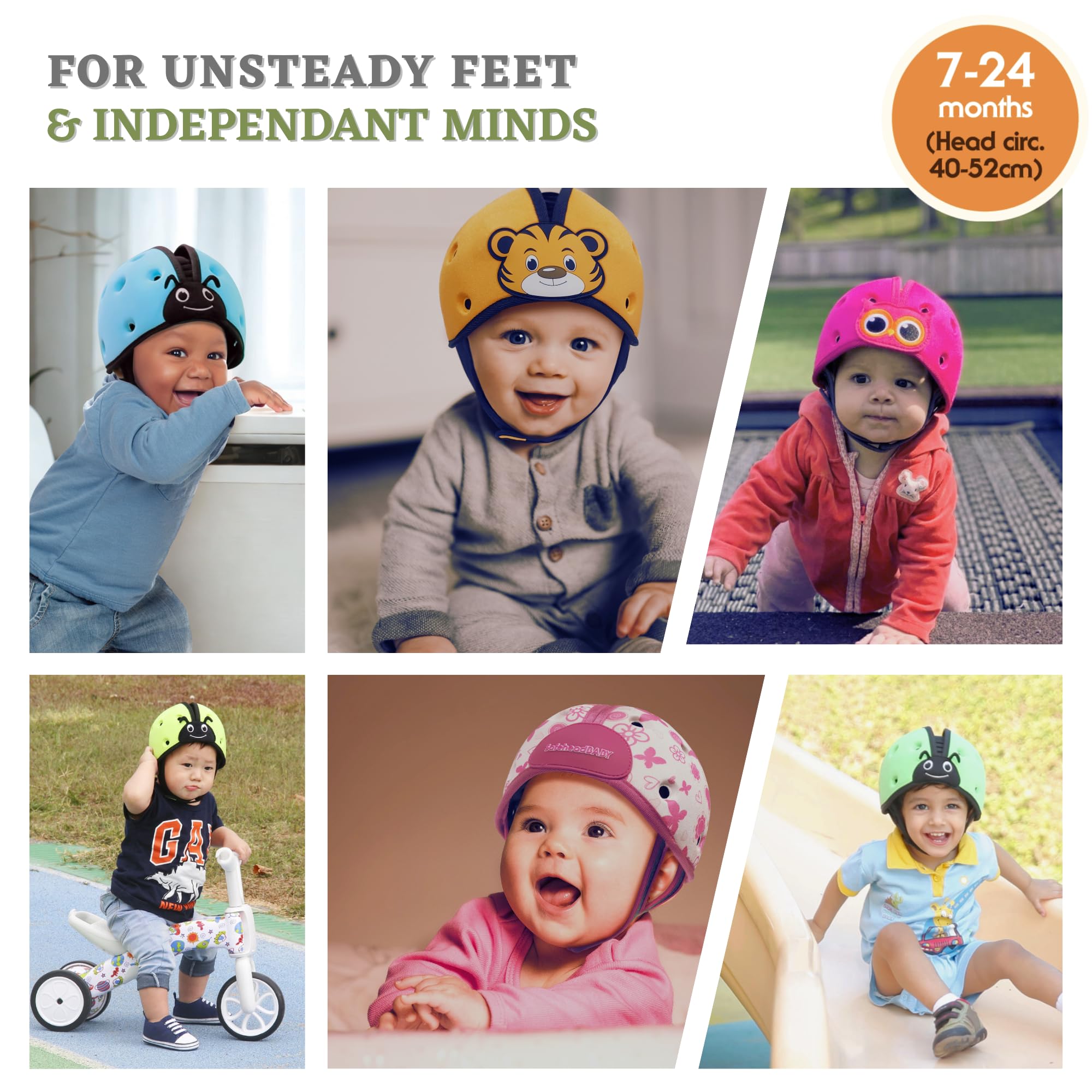 SafeheadBABY adjustable size 40-52 cm covers growing heads.