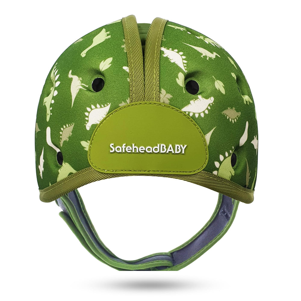 SafeheadBABY head protector front view in dino green supports gentle learning and daily safety.
