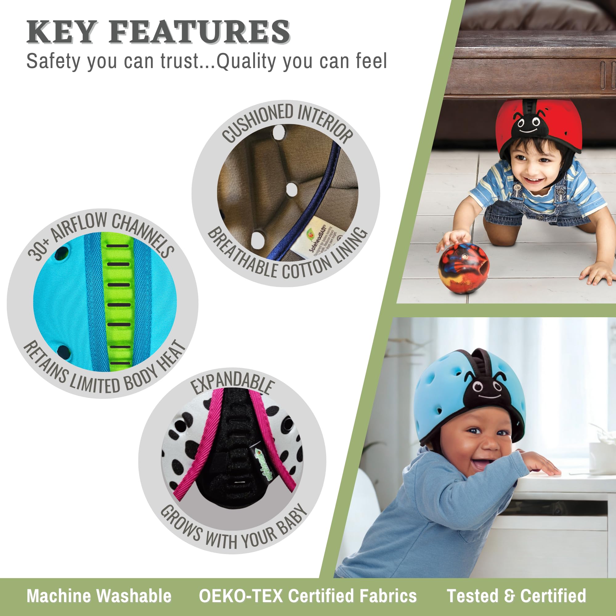 SafeheadBABY machine-washable helmet for easy cleanups after adventures.