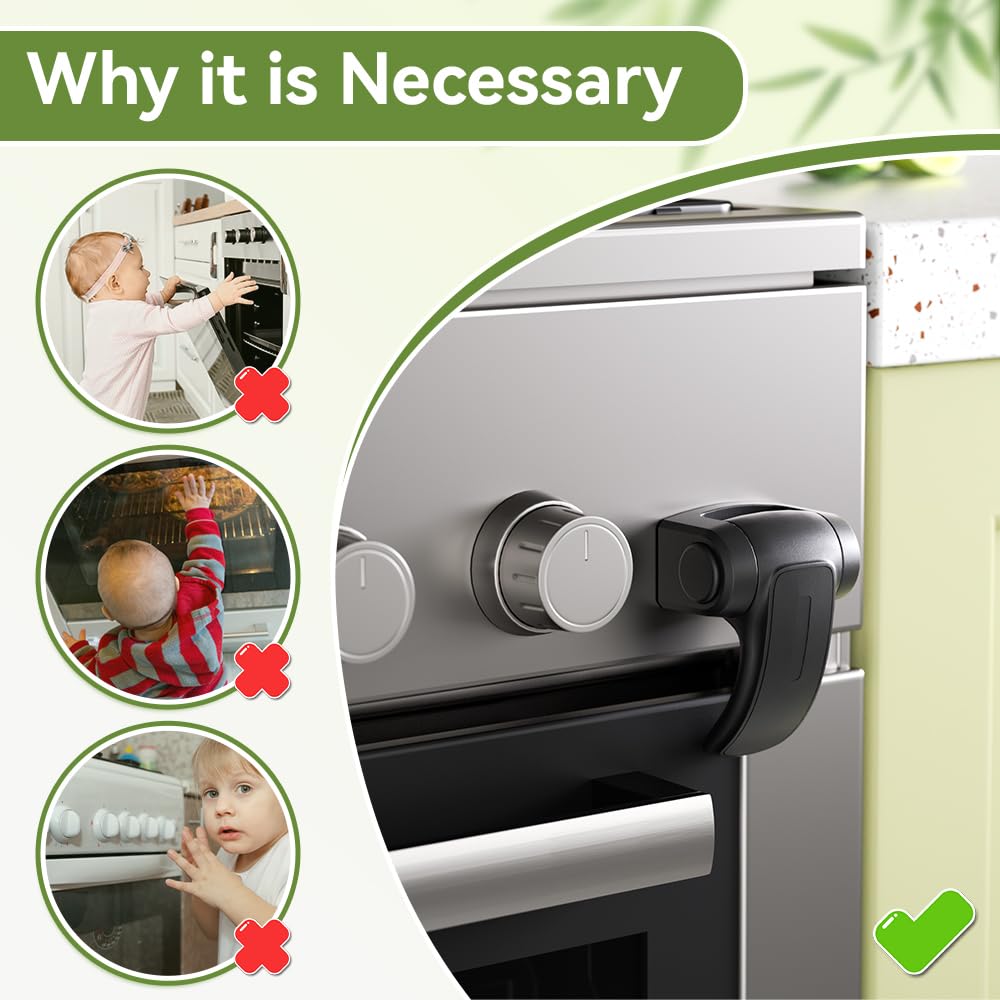 SAFELON oven lock adhesive detail highlights screw-free, surface-friendly installation.