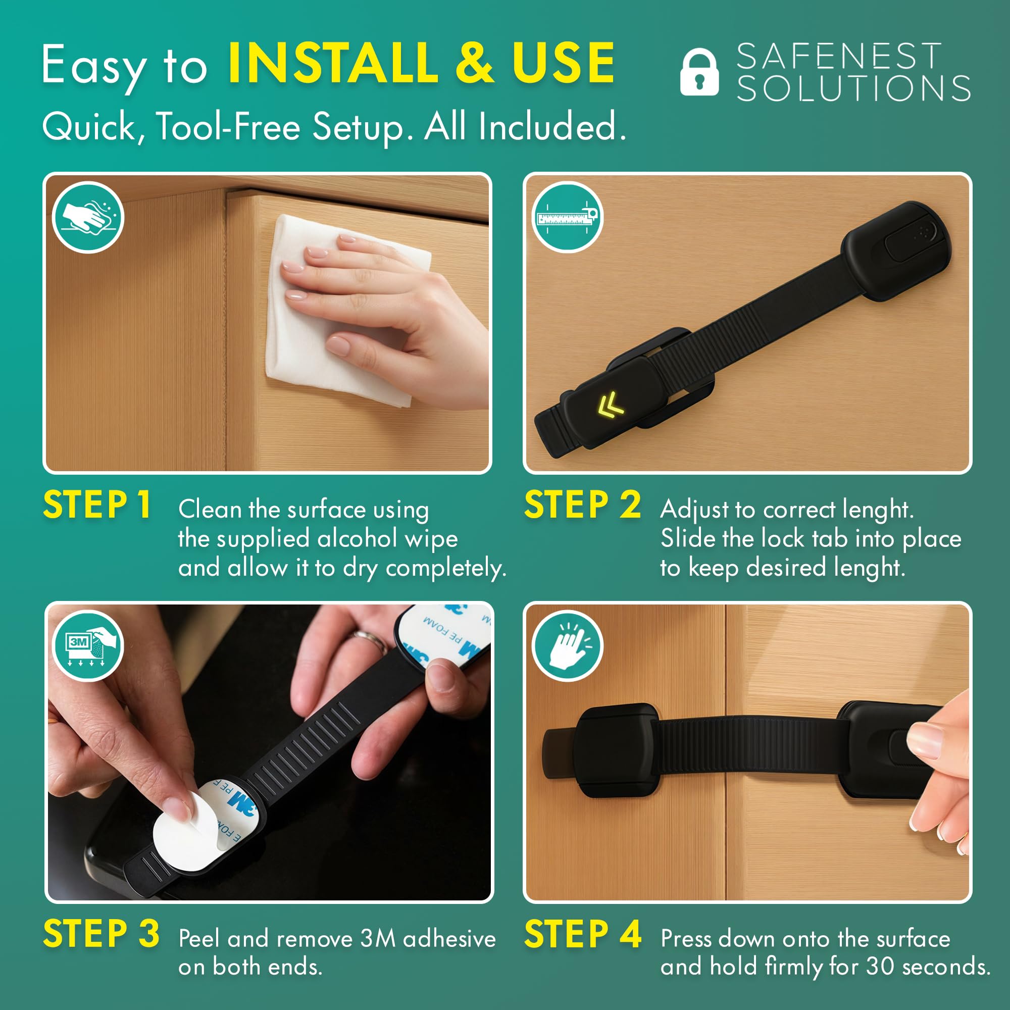 SafeNest drawer lock on cabinet demonstrates quick, drill-free installation