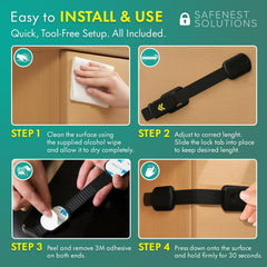 SafeNest drawer lock on cabinet demonstrates quick, drill-free installation