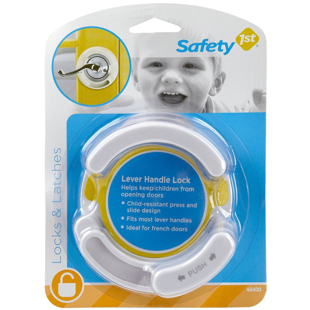 Safety 1st lever lock installed on door demonstrates easy-to-use safety.