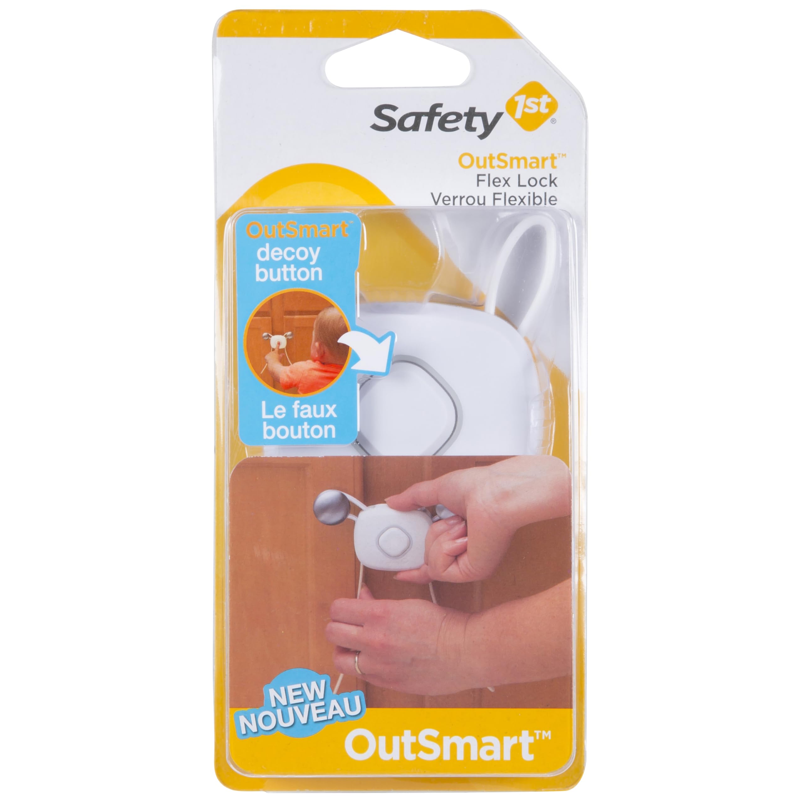 Safety 1st OutSmart Flex Lock decoy button closeup shows kid-safe distraction and secure cabinet protection.