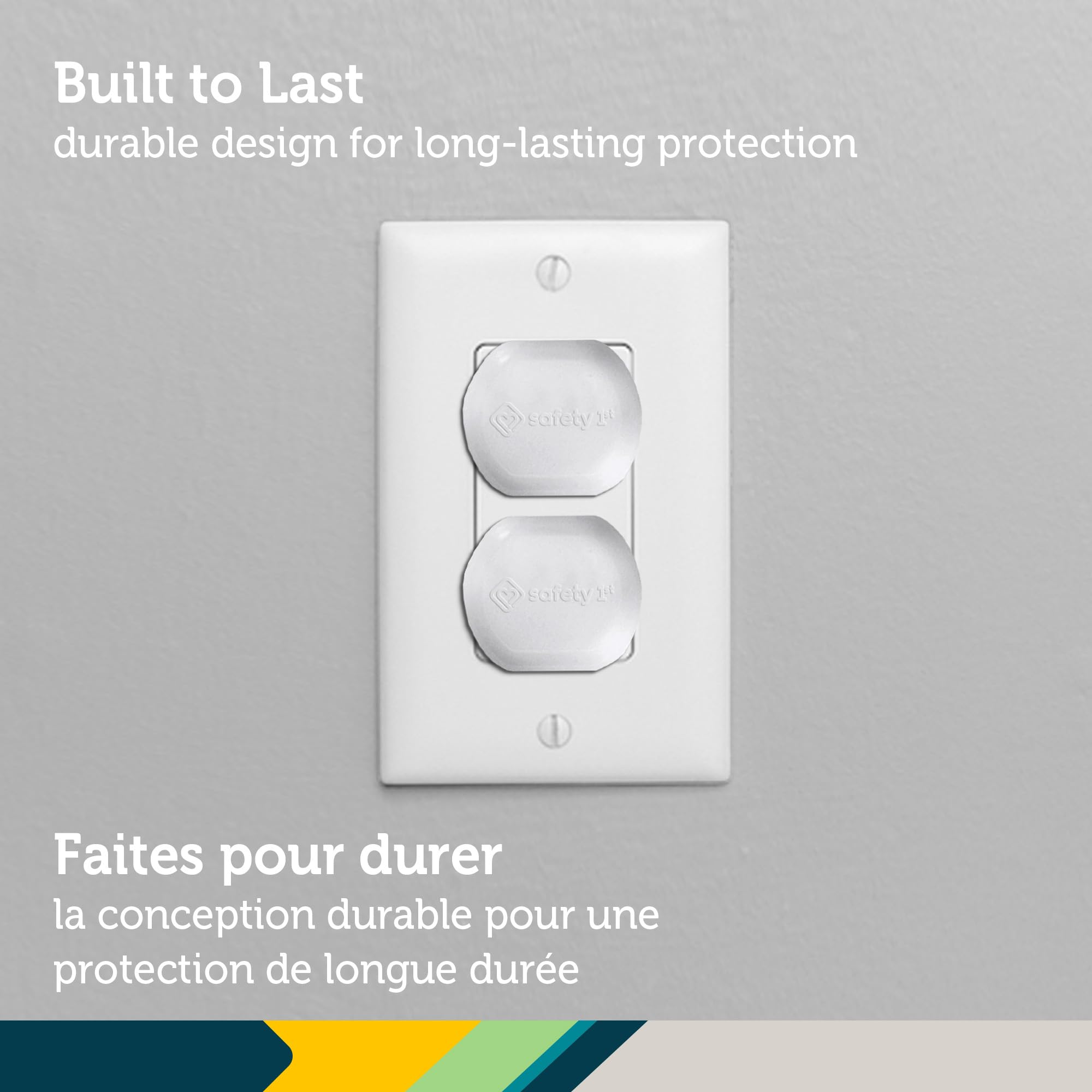 Safety 1st plug protectors shield outlets, aiding a tidy, safer play space.