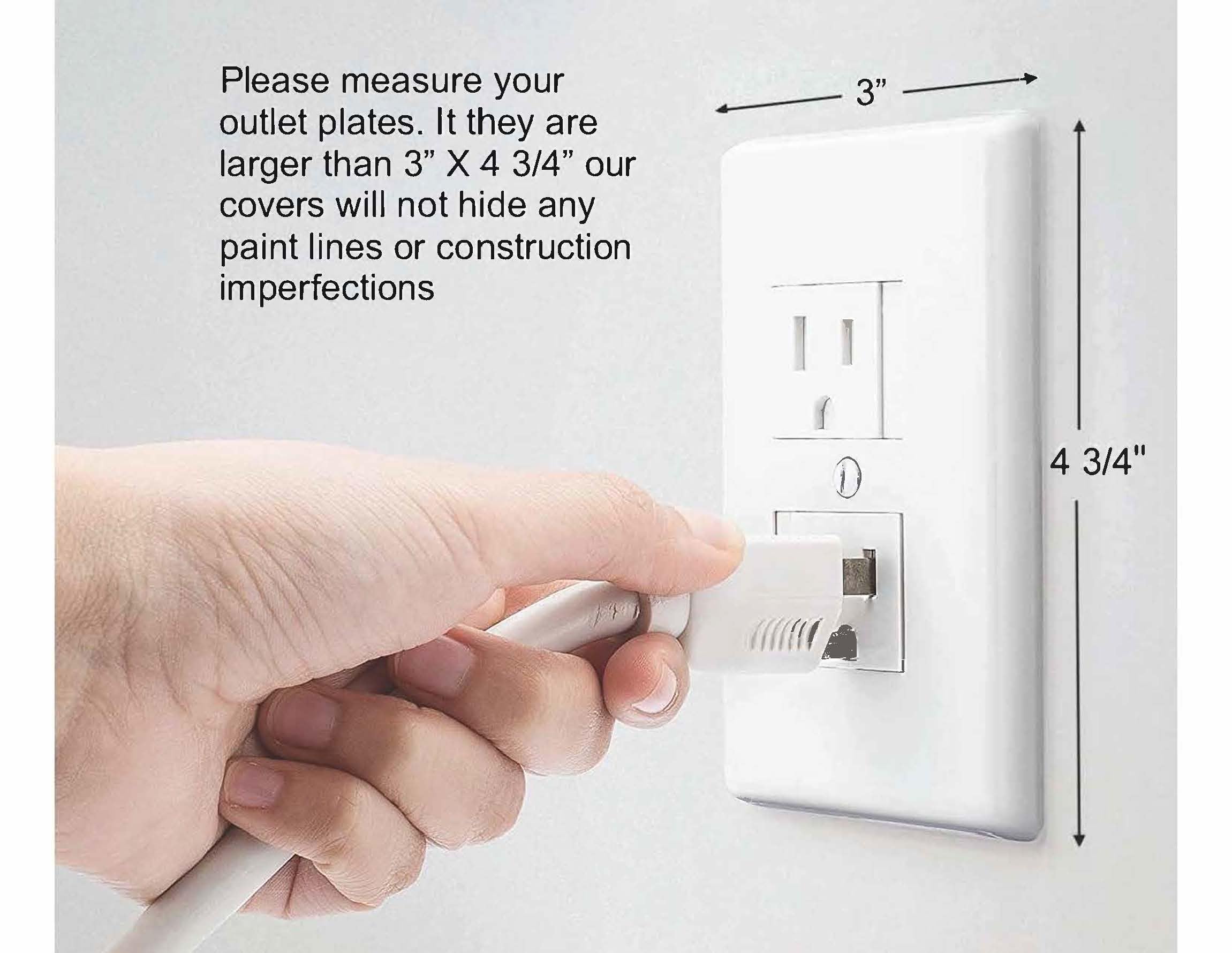Safety Innovations oversized outlet cover demonstrates 3x4 3/4 inch footprint and coverage.
