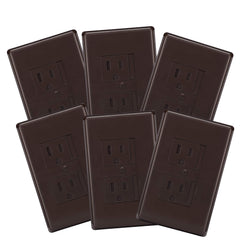 Safety Innovations self-closing outlet cover installed, snug espresso finish protects curious kids.
