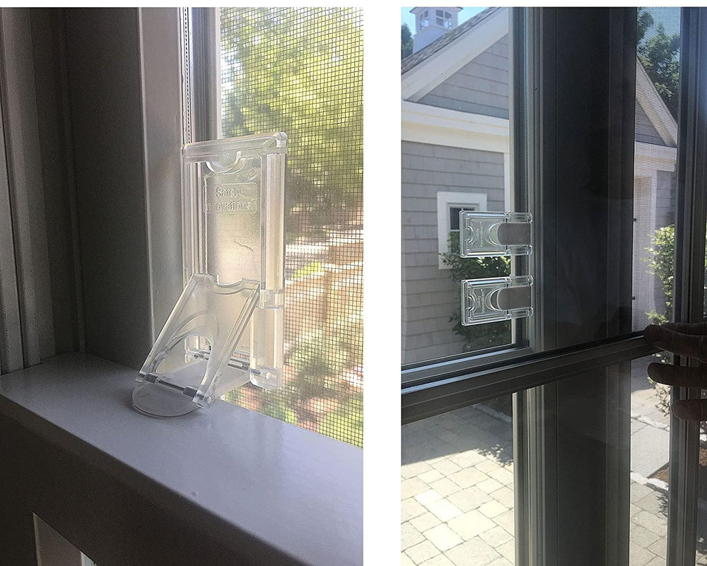 Safety Innovations window safety lock 4-pack closeup demonstrates durable adhesive for quick install