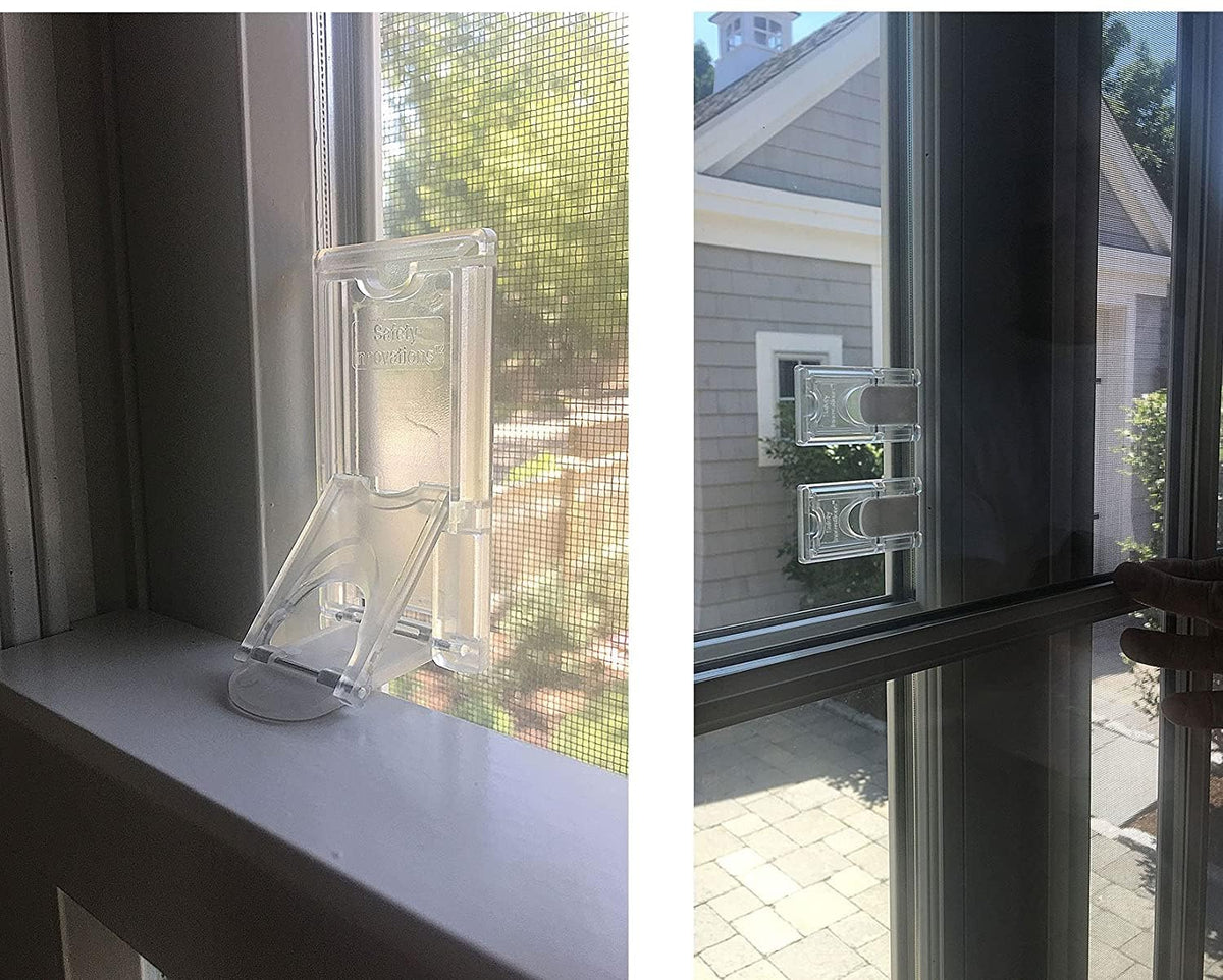 Safety Innovations window safety lock 4-pack closeup demonstrates durable adhesive for quick install
