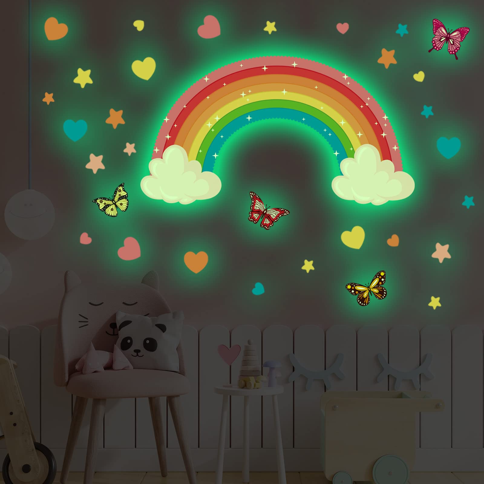 Saffica glow rainbow wall decal large rainbow sticker glows softly for nurseries and teen rooms.