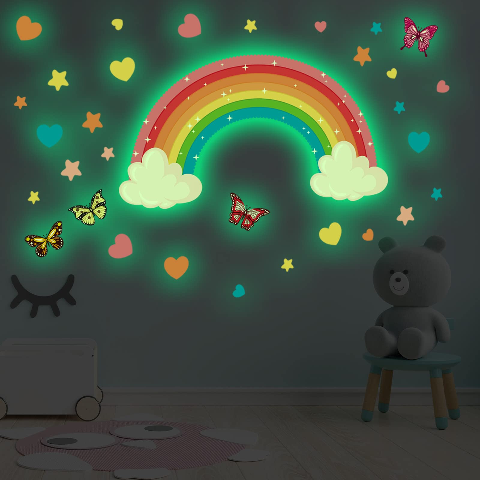 Saffica rainbow decals include 1 large rainbow, 4 butterflies, 13 stars, 16 hearts for complete room decor.