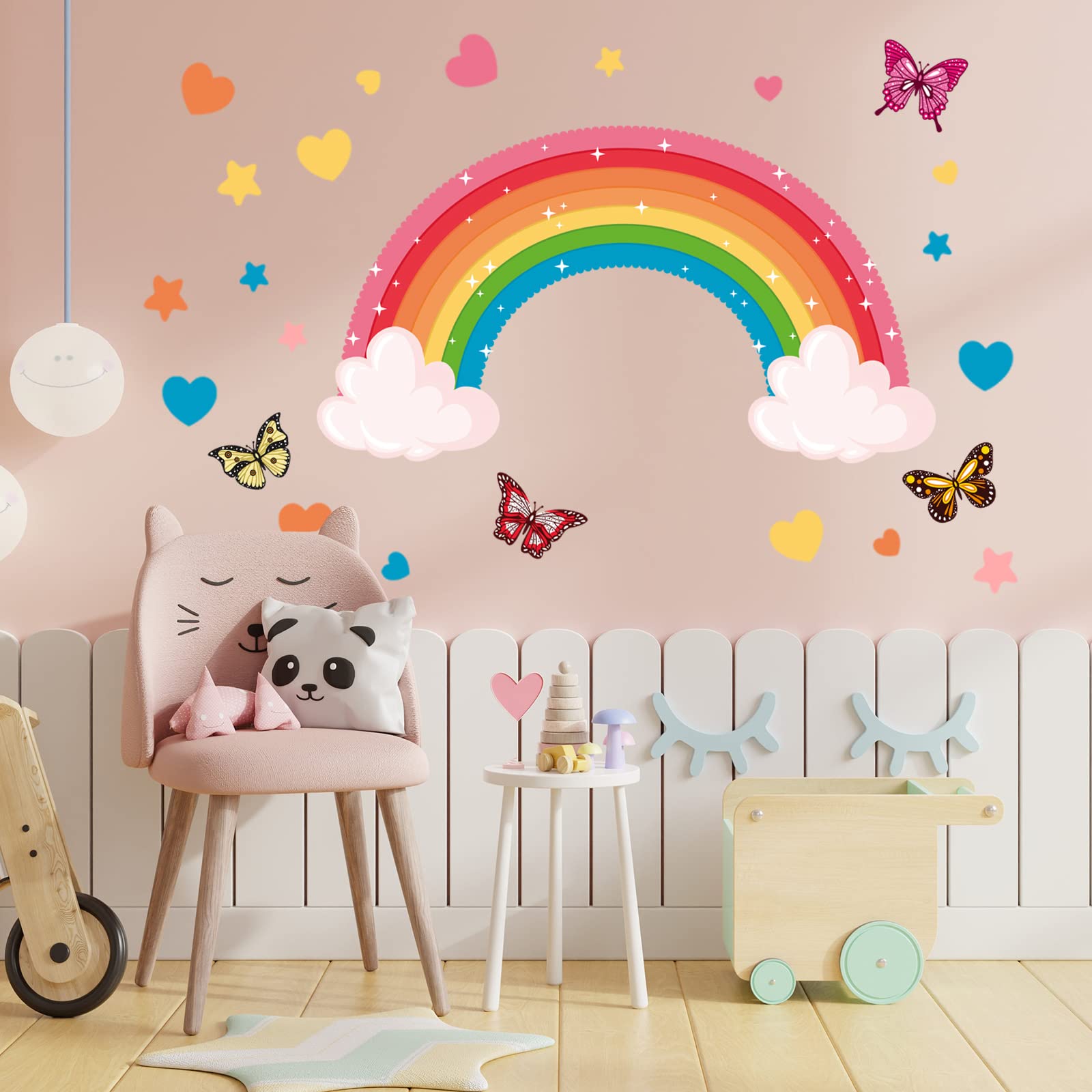 Saffica glow rainbow wall decal stars create twinkling accents at night.