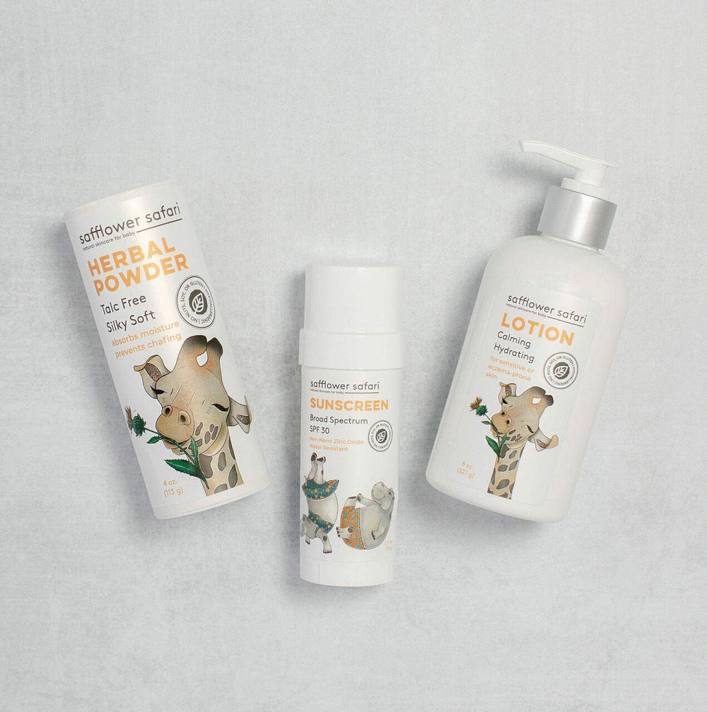 Safflower Safari talc-free powder texture swatch demonstrates absorbent gentle finish