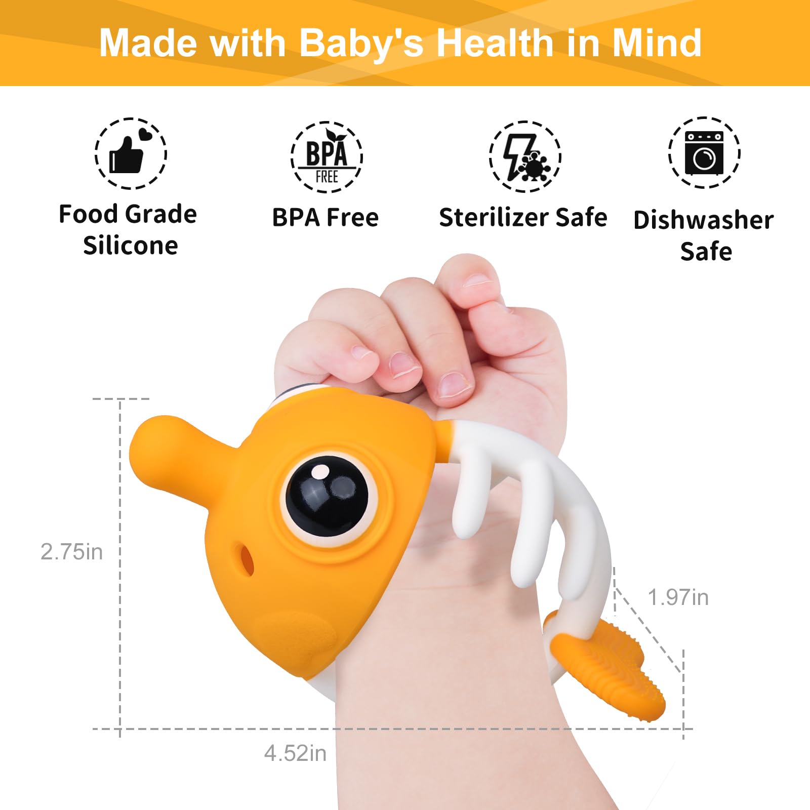 Saffron clownfish teether offers easy grip for little hands