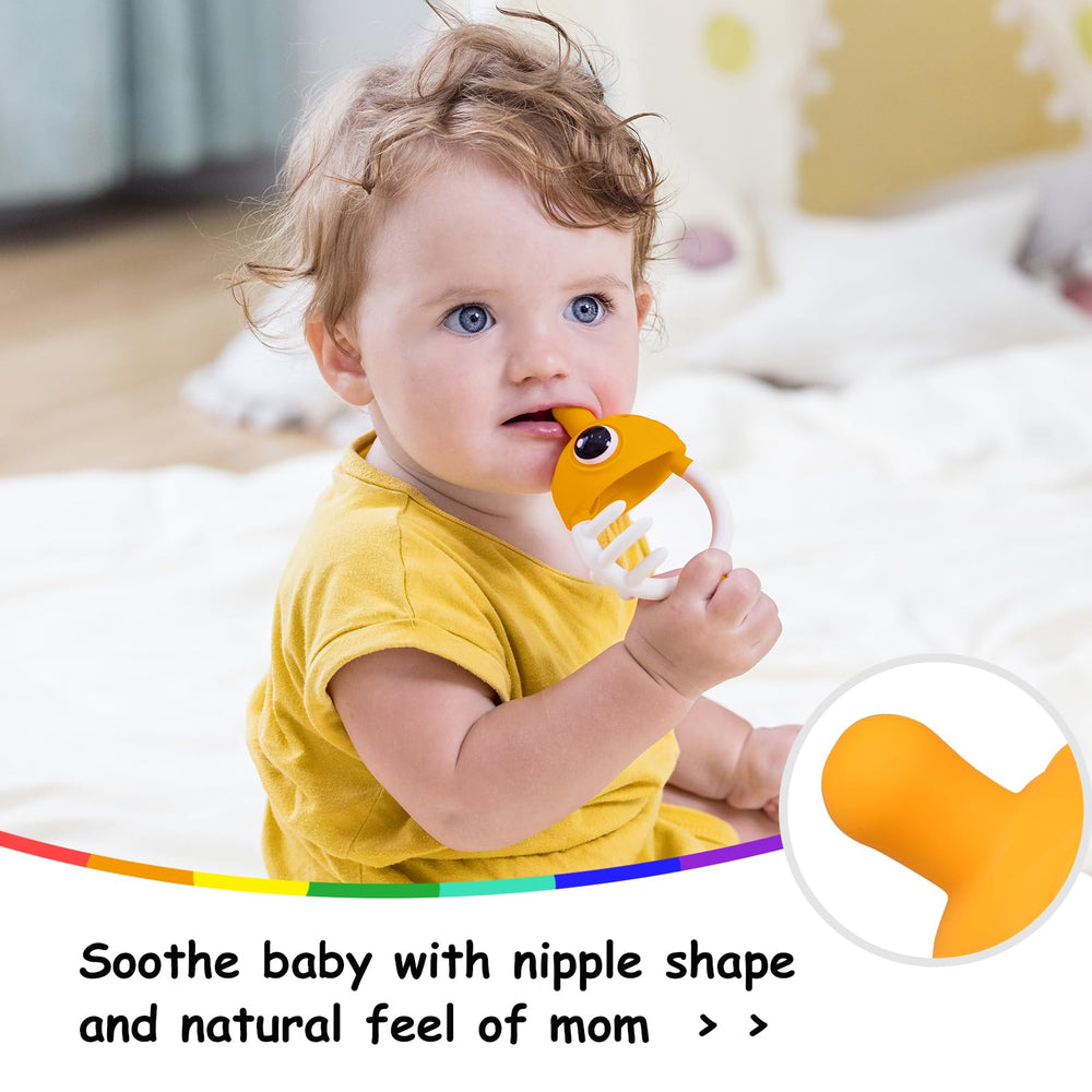 Saffron teething toy clownfish with pacifier clip supports on-the-go soothing