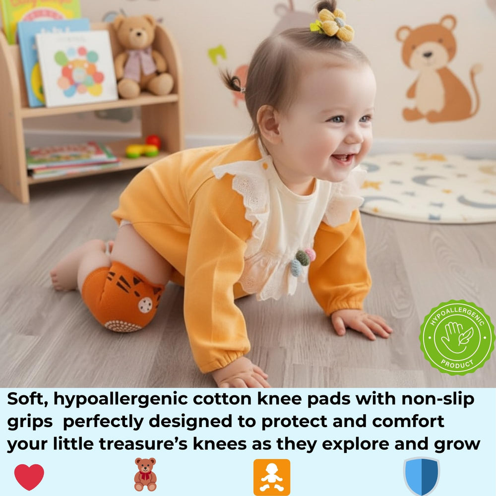 Safkim Baby Knee Pads orange pack shot highlighting breathable fabric for all-day wear