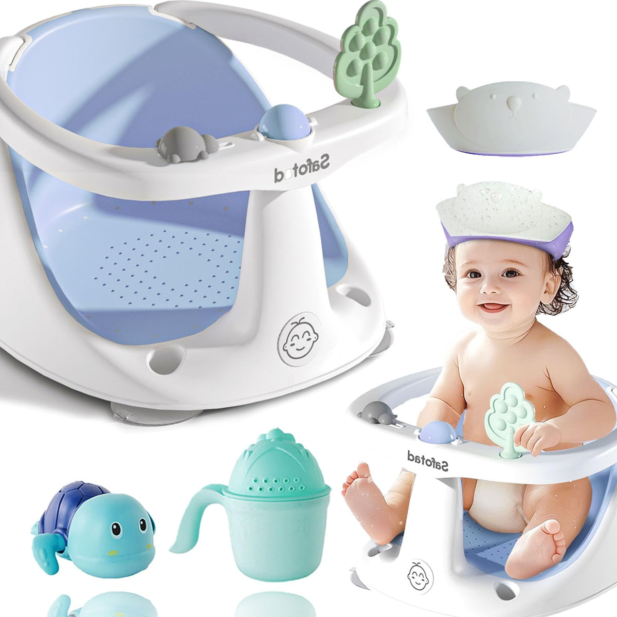 Safotad baby bath seat with ergonomic design improves hands-free bath time.