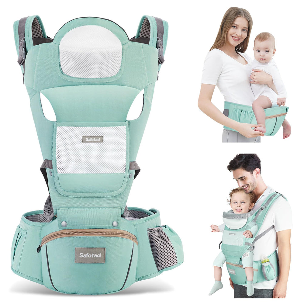 Safotad hip-seat baby carrier in green for secure hip support on the go.
