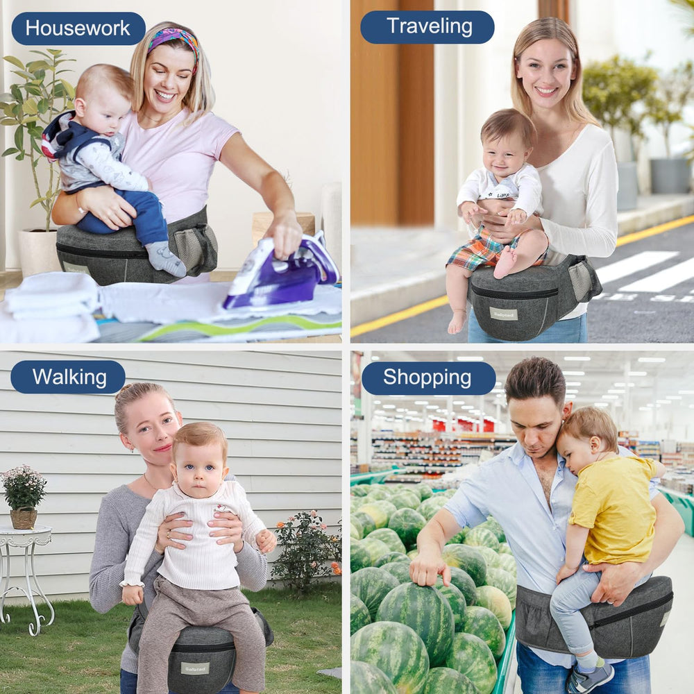 Safotad baby carrier hip seat wearing demo shows comfortable setup for all-day outings.