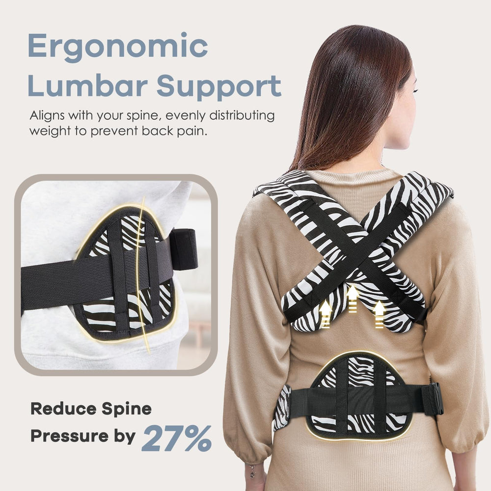 Safotad baby carrier back view demonstrates lower back coverage reducing fatigue during longer strolls.