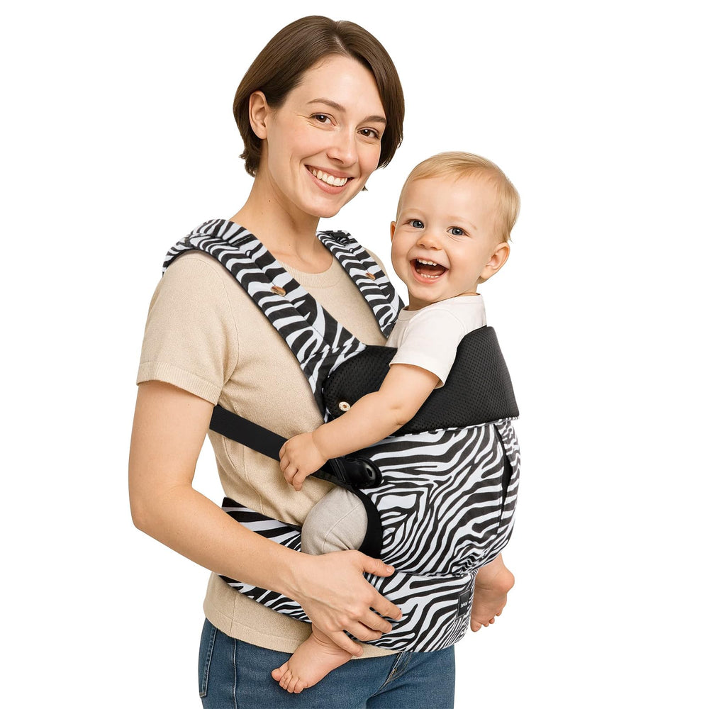 Safotad baby carrier front view shows lumbar support for even weight distribution.