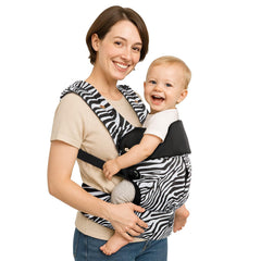 Safotad baby carrier front view shows lumbar support for even weight distribution.