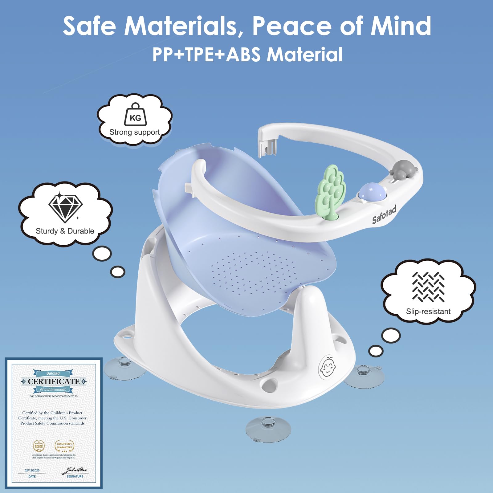 Safotad bath seat with suction cups securely holds to tub for stable use.