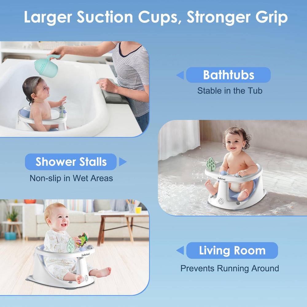 Safotad blue baby bath seat demonstrates color and stability during bath sessions.