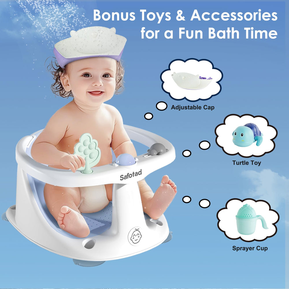 Safotad bonus bath cap, scoop, and turtle toy enhance bath time.