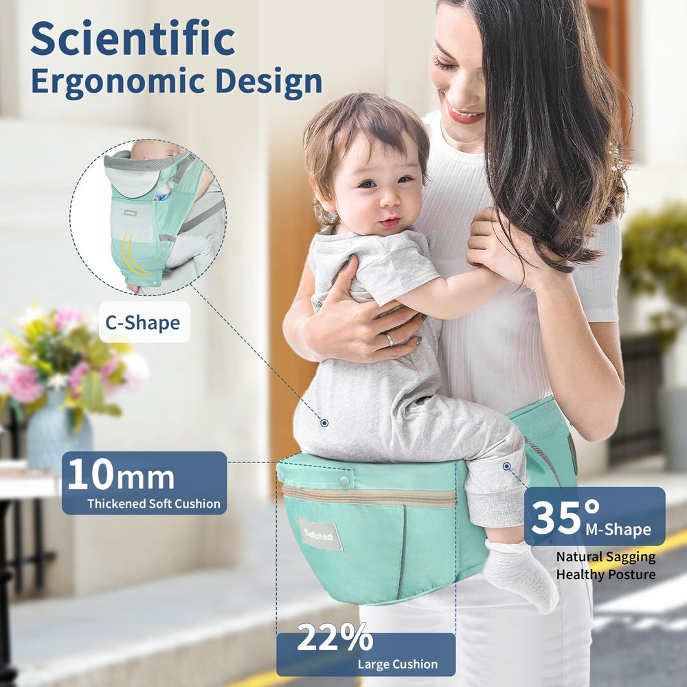 Safotad ergonomic M-position design for newborn to toddler stages with comfortable weight distribution.