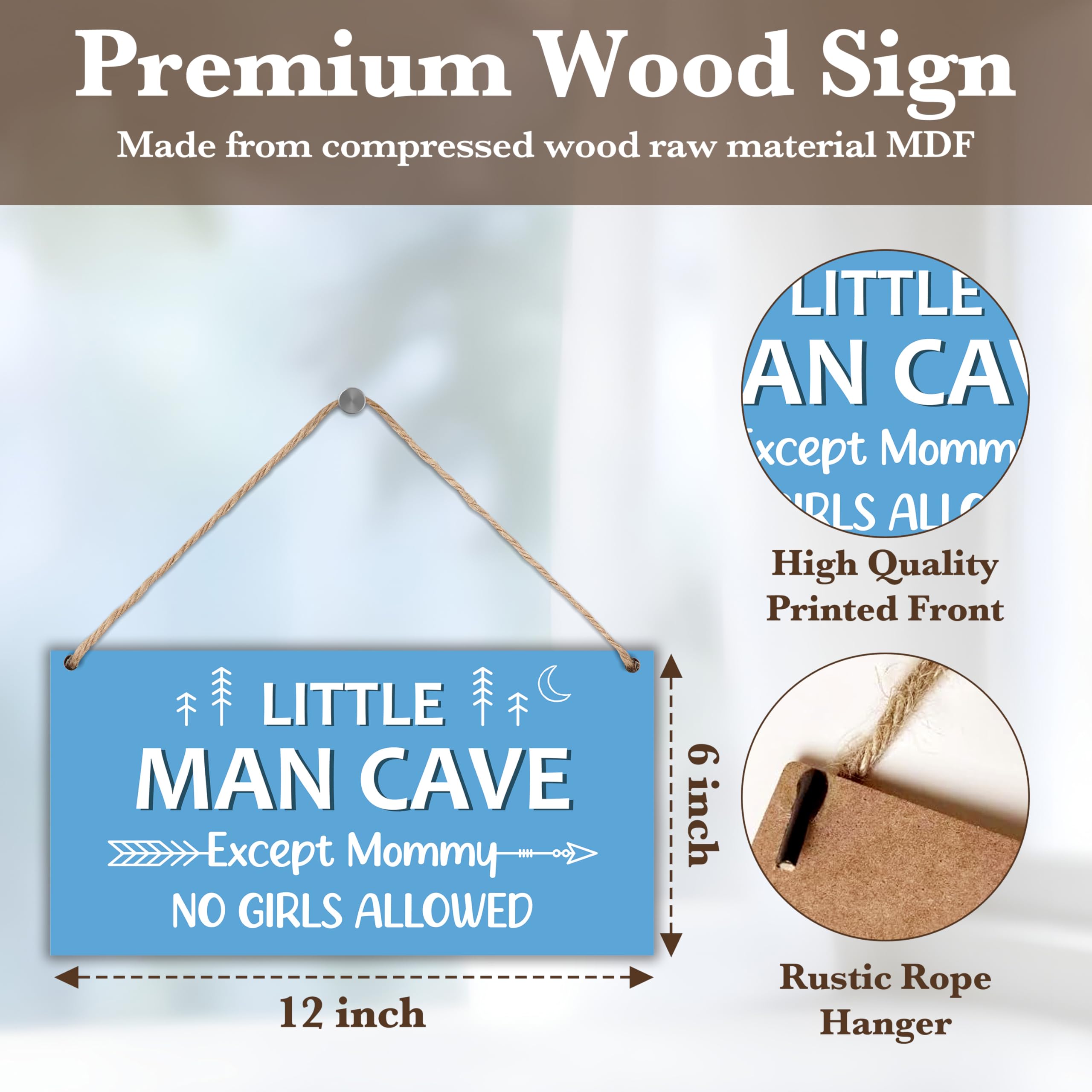 Sahjzk Little Man Cave sign hanging setup ready to install in a bedroom.