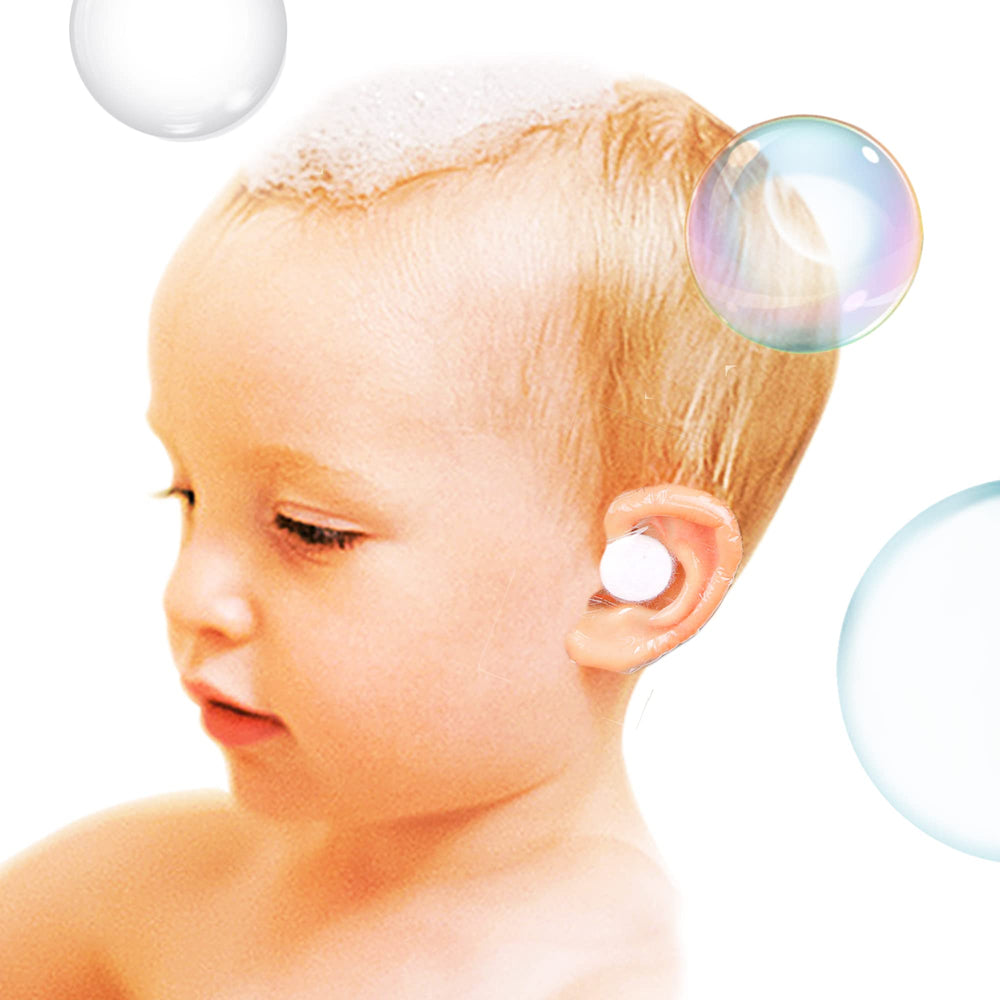 saicheek baby ear protection on-ear demonstrates waterproof shield during bath.