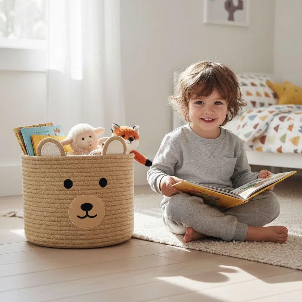 Saiiwnn Bear Basket on playroom shelf, easy toy storage.