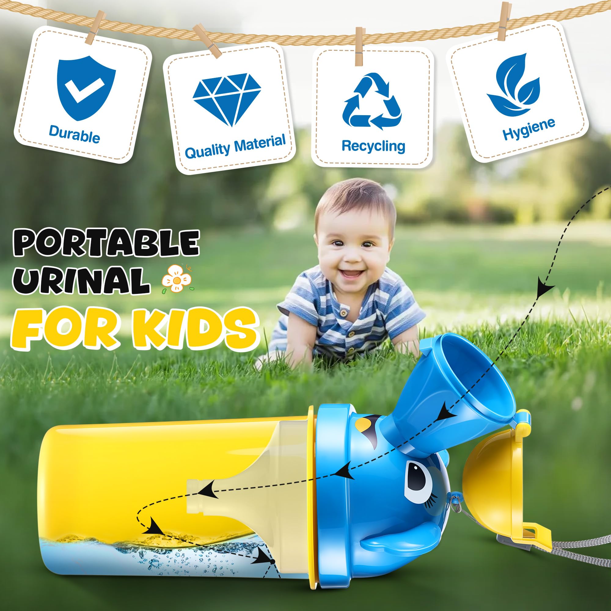 Saillong urinal kids yellow blue colors highlighting kid-friendly design.