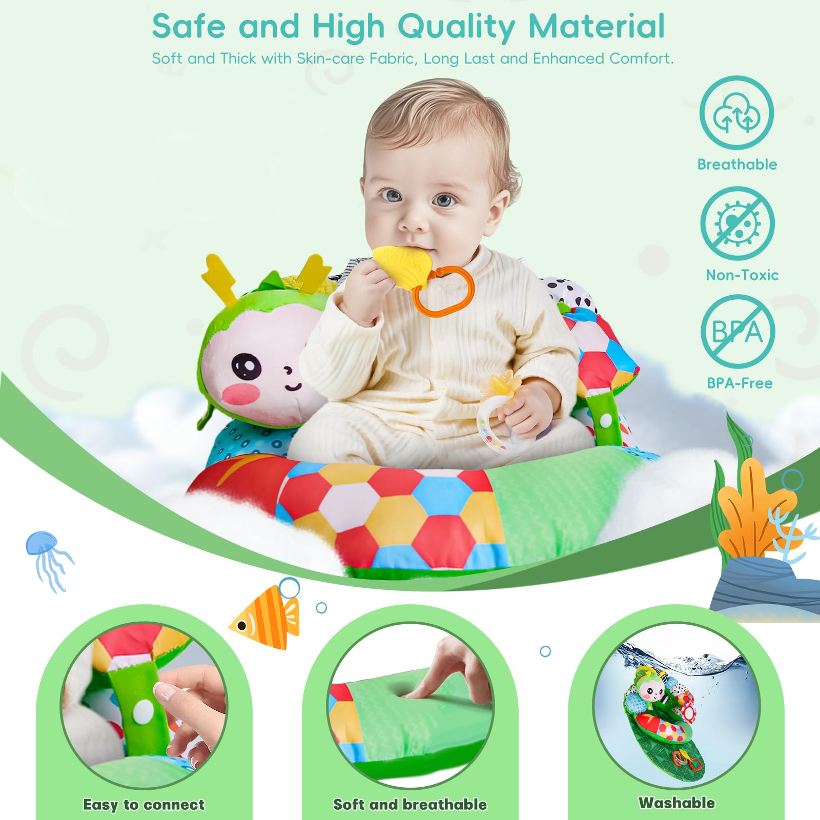 Saimand Caterpillar playmat features mirror and teether for interactive sensory play.