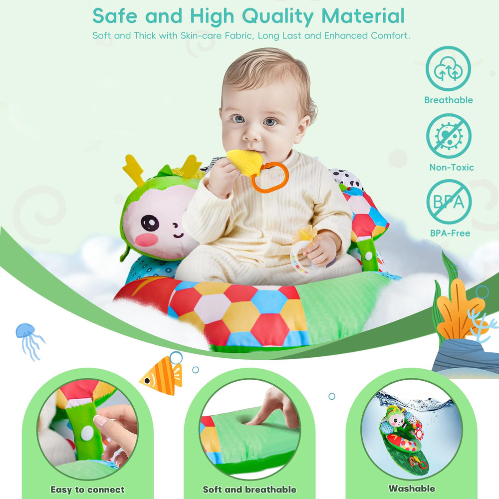 Saimand Caterpillar playmat features mirror and teether for interactive sensory play.