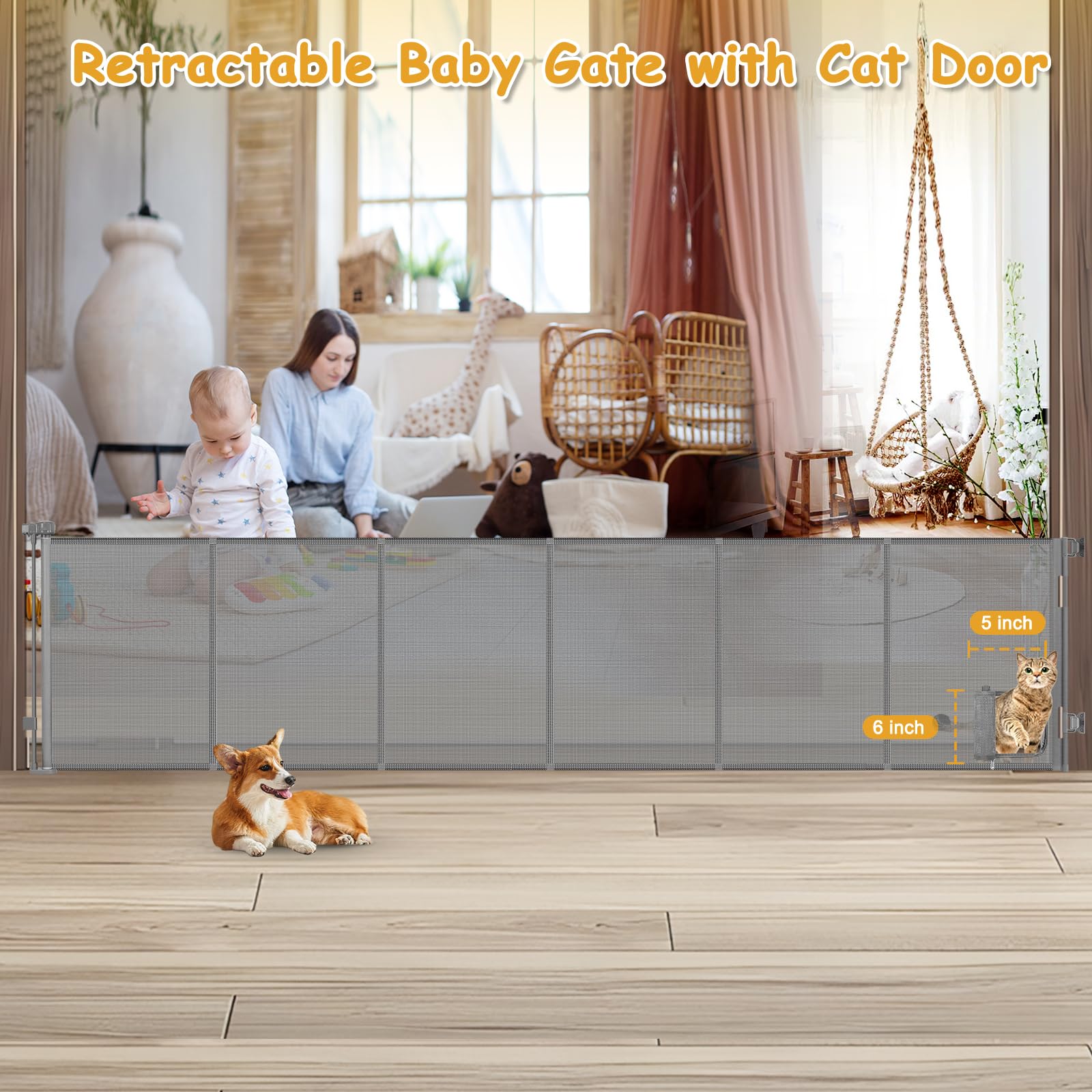 Sair Pet 33-inch-tall retractable gate closeup demonstrates space-saving design.