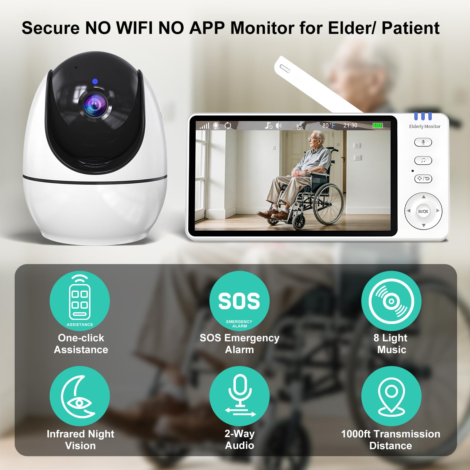 Sair Pet elderly monitor screen 5-inch display for clear day and night visuals.
