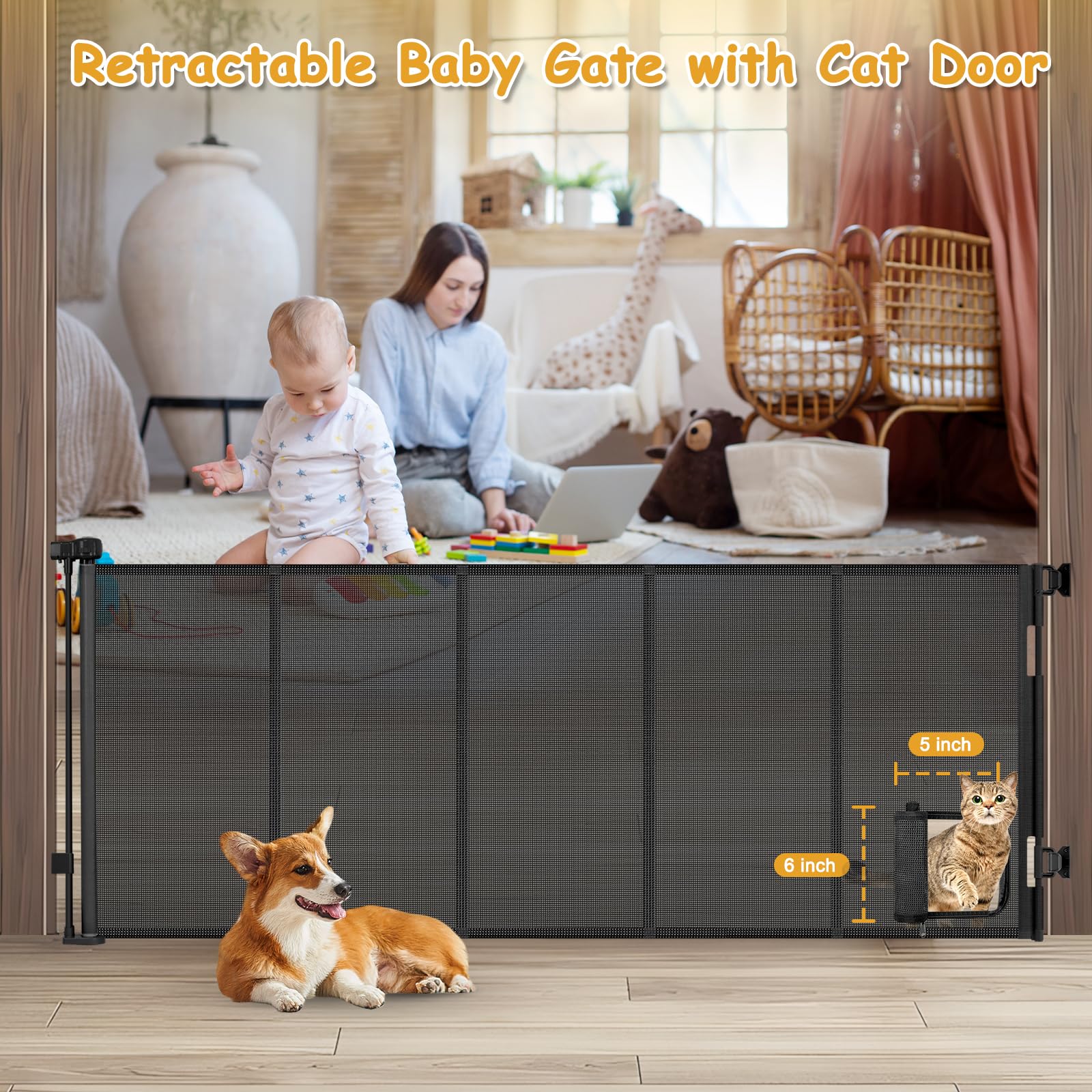 Sair Pet extra-wide retractable gate reaching 33 inches tall, adaptable for large openings.