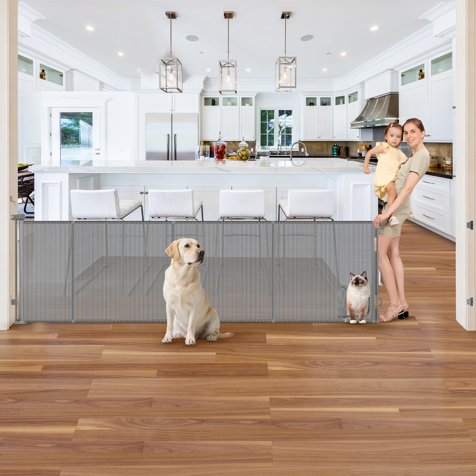 Sair Pet reinforced 120in gate with cat door closed for secure containment