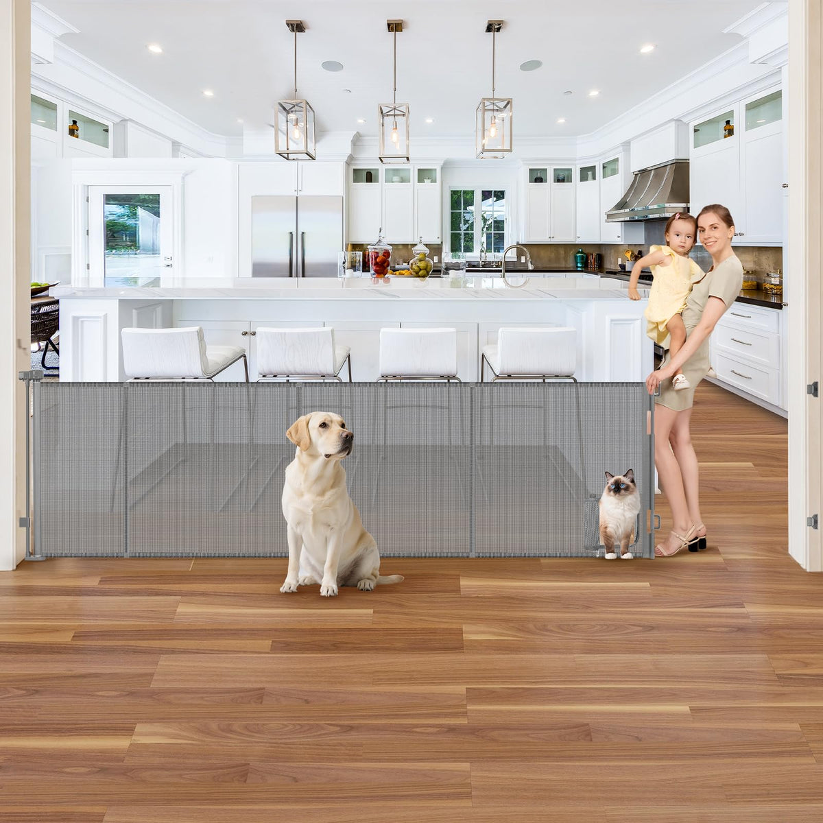 Sair Pet reinforced 120in gate with cat door closed for secure containment