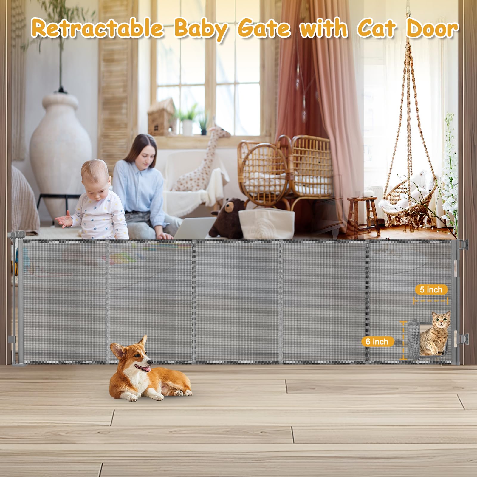 Sair Pet reinforced 120in gate with cat door open for easy cat access