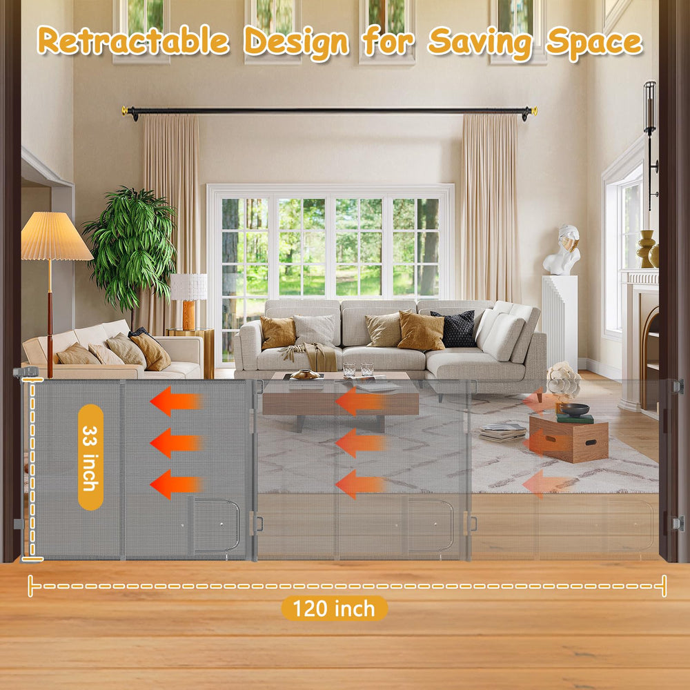 Sair Pet retractable 120in gate in action for easy one-handed use