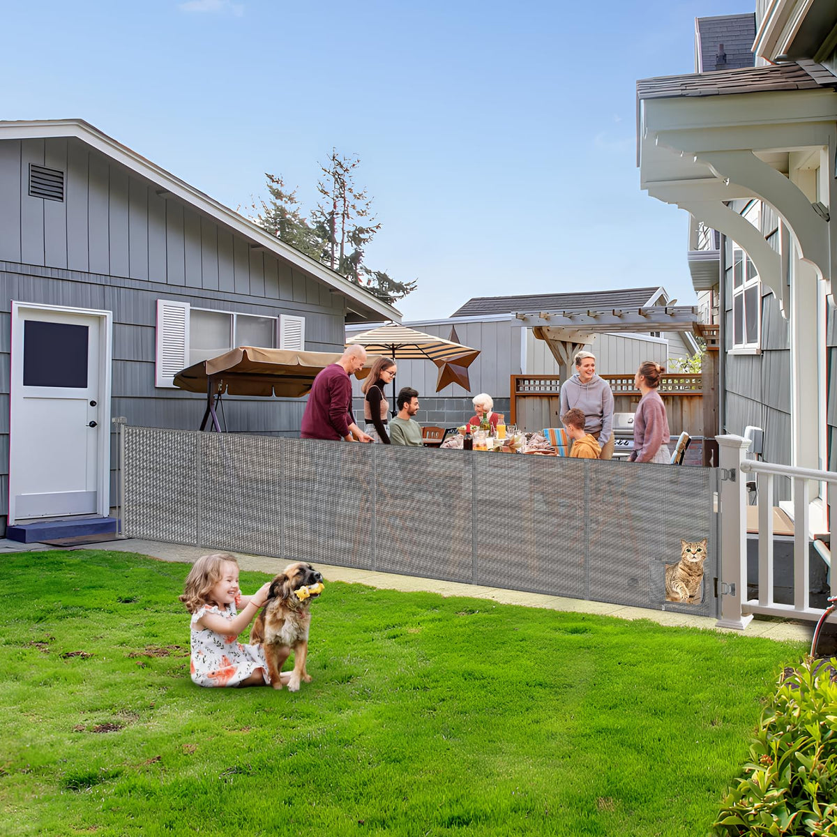 Sair Pet reinforced 150-inch extra-wide gate with cat door keeps pets safely contained indoors.