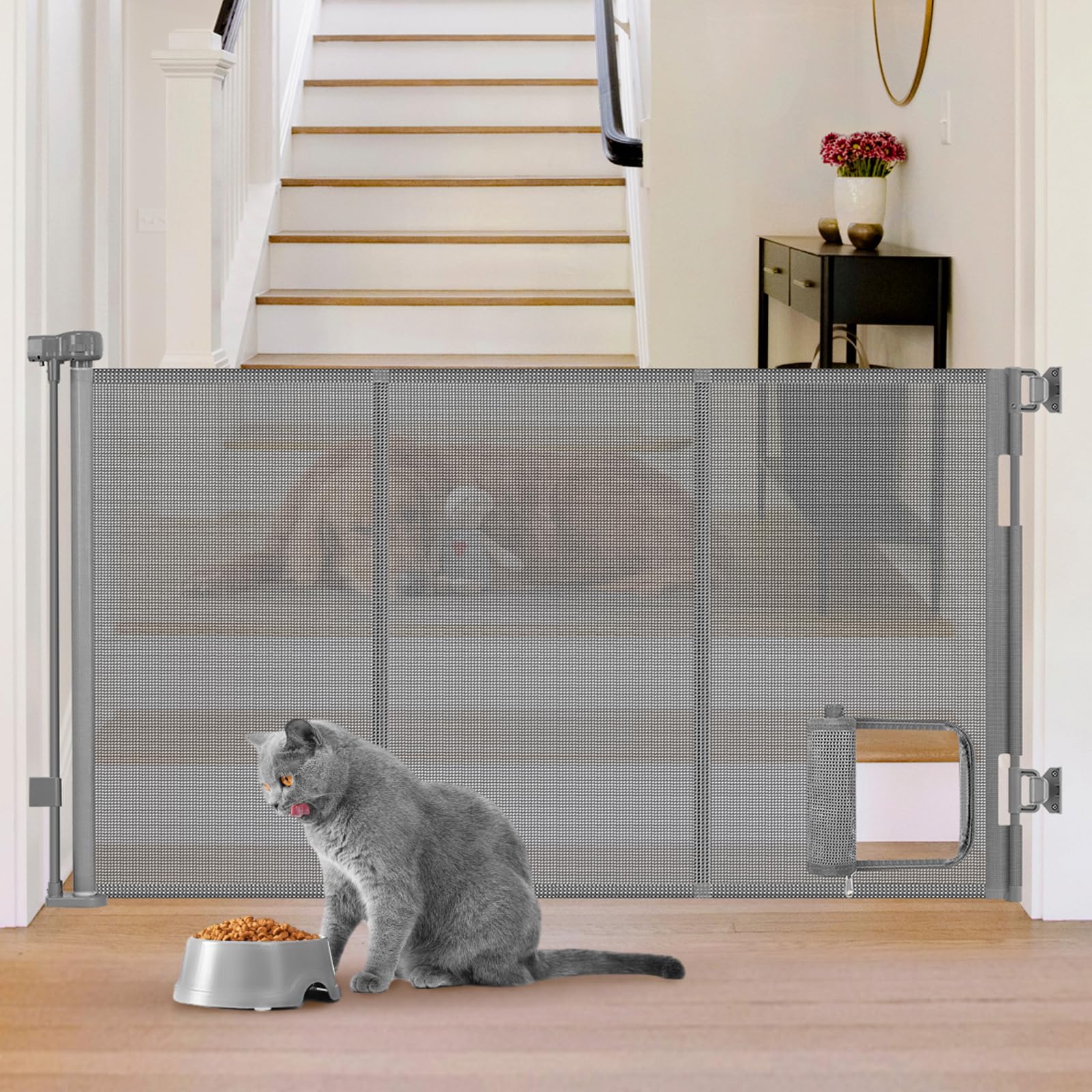 Sair pet reinforced 60-wide gate with cat door shown in living space for pet separation