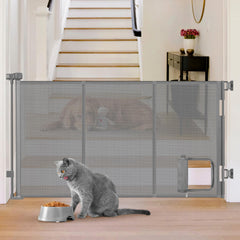 Sair pet reinforced 60-wide gate with cat door shown in living space for pet separation