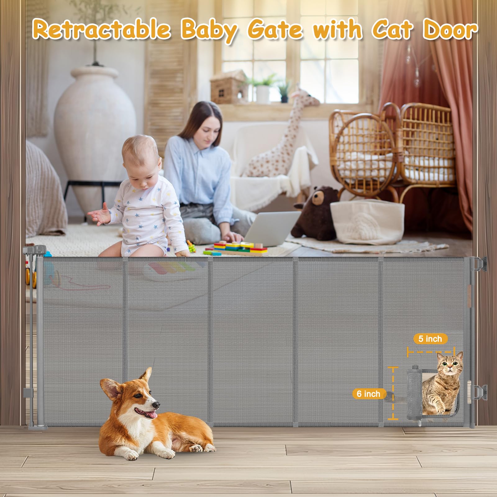 Sair Pet reinforced 90-inch gate cat door open demonstrates cat-friendly access