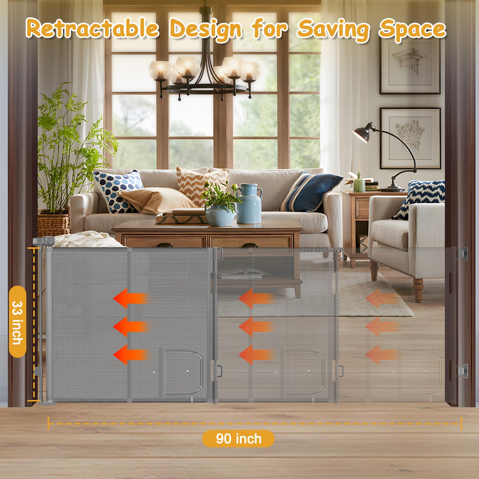 Sair Pet reinforced 90-inch gate retractable state illustrates space-saving setup