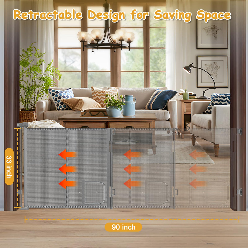 Sair Pet reinforced 90-inch gate retractable state illustrates space-saving setup