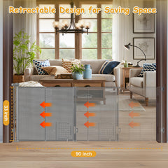 Sair Pet reinforced 90-inch gate retractable state illustrates space-saving setup